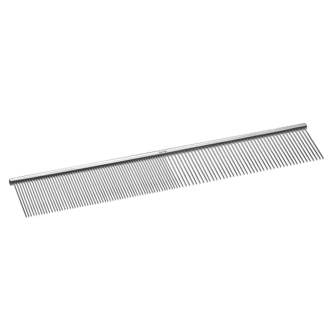 Eye Envy ProGlide Finishing Comb for Dogs. Dual-sided featherweight 8.75” dog comb with extra-long, closely spaced 32 mm rounded teeth. For a flawless, show-quality finish on delicate, fine coats.