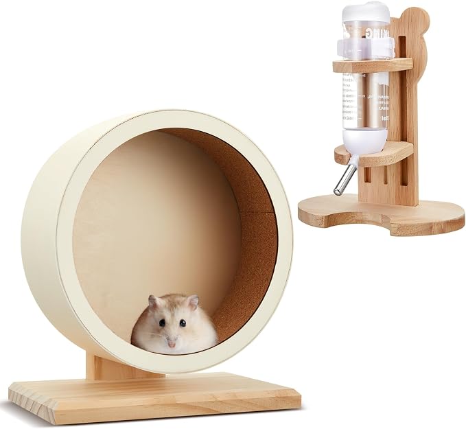 Silent Wooden Hamster Wheel with Cork Lining, 7.9 Inch Quiet Exercise Wheel for Dwarf Syrian Hamsters, Gerbils, Stable Small Animal Spinner Cage Accessories with Water Bottle Stand(S)