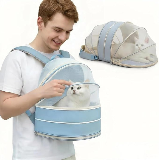 Interactive Expandable Pet Carrier Backpack for Cats & Small Dogs-Interactive Opening Pet Tent Backpack. Expandable for Extra Space.Breathable,Foldable Nest Bed for Travel, Walks,Vet & Home-Blue