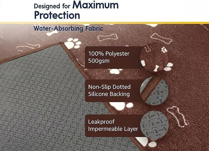 Muddy Mat® Washable Pee Pads for Dogs, Super Absorbent Reusable Puppy Pads–100% Waterproof Pee & Potty Training Pads for Pets, Non-Slip Dog Pads for Crates, Playpens and Floors - 2 Pack, Brown 36"x48"