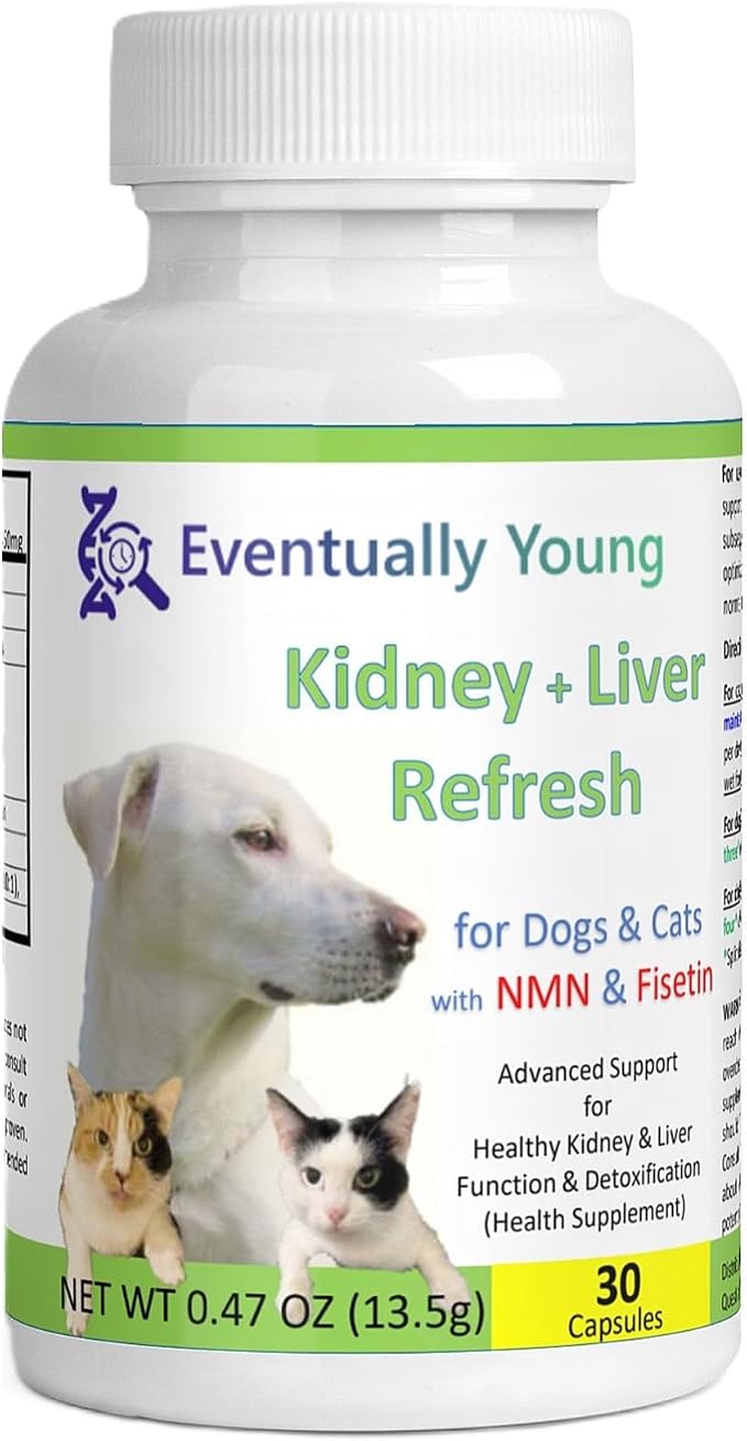 𝗘𝘃𝗲𝗻𝘁𝘂𝗮𝗹𝗹𝘆 𝗬𝗼𝘂𝗻𝗴 Cat Kidney Support for Dog & Cat with NMN & Fisetin - Super Phosphate Binder Kidney and Liver Supplement for Feline, Canine Healthy Aging & Longevity NAD+ (30 Caps)