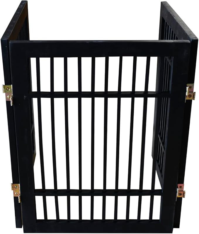 Urnporium Freestanding Wooden Dog Gate – Folding Acacia Hardwood Pet Barrier with 2-Way Hinges, Portable Indoor Outdoor Puppy Safety Fence for Doorways, Hallways (Black Pet Gate, 3 Panel 24" Tall)