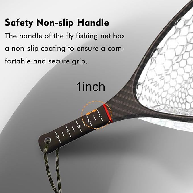 Riverruns Fly Fishing Landing Net Carbon Fiber Trout Net with Measurement Handle, Soft Rubber Mesh - 26" Standard (Wading) / 37" Long (Kayak)