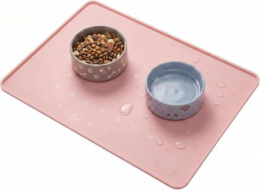 Silicone Pet Feeding Mat, 26x18 Inch Waterproof Dog Bowl Mat – Non-Slip, Machine Washable, Thin 0.28 Inch Edge for Messy Eaters, Protects Hardwood & Tile Floors, Pink