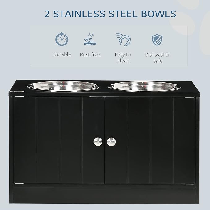 PawHut Large Elevated Dog Bowls with Storage Cabinet Containing Large 44L Capacity, Raised Dog Bowl Stand Pet Food Bowl Pet Feeding Station, Black