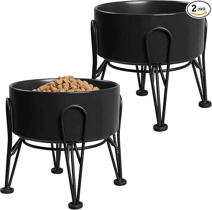 Elevated Dog Bowls, Ceramic Raised Dog Bowl Set with Anti-Slip and Non-Tip Metal Stand, 2 Pack Pet Food and Water Feeding Bowls for Small and Medium Dogs (Black,3.6 Cups)