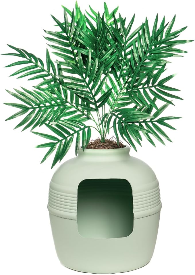 Good Pet Stuff Original Hidden Litter Box Planter, Decorative Cat Litter Enclosure, Carbon Filter, Faux Plant, Round Design, Easy to Clean, Base Kit, Palm Plant, Mint Green
