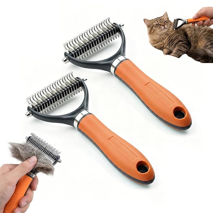 Double Sided Dematting Comb, 2026Undercoat Rake Deshedding Grooming Tool, Pet Hair Detangler Brush for Removing Tangles Knots and Loose Fur, Grooming Comb for Long Thick Coats (1, Orange)