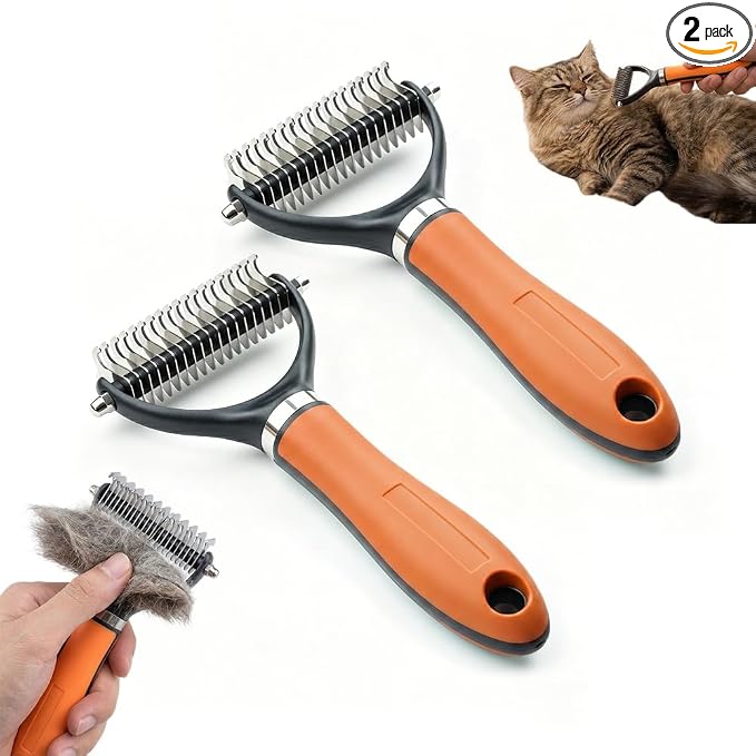 Double Sided Dematting Comb, 2026Undercoat Rake Deshedding Grooming Tool, Pet Hair Detangler Brush for Removing Tangles Knots and Loose Fur, Grooming Comb for Long Thick Coats (2, Orange)