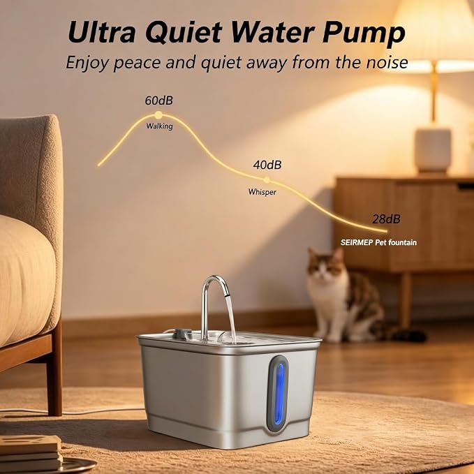 3L Stainless Steel Cat Water Fountain, 101oz Automatic Pet Water Fountain with 2 Replacement Filters, Quiet Cat Water Dispenser for Cats, Indoor Pets