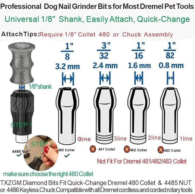 Diamond Dog Nail Grinder Bits Attachments for Dremel 7760 7350 7300 - 1/8'' 80 Grit Replacement Heads Refills & Tip for Most Pet Grinders - Painless & Safe for All Dogs Cats Thick Tough Nails Grooming | Safe Grooming Diamond Bit, Smooth Thick Dog Nails...