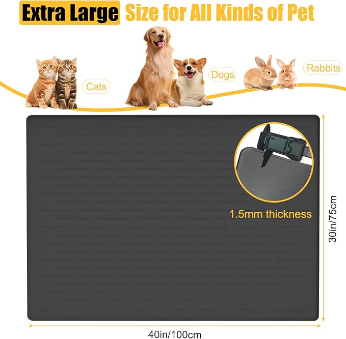 1.5MM Super Thick Dog Food Mat, 40"x30" Silicone Dog and Cat Mats for Food and Water Bowls, Waterproof Pet Feeding Mat for Contain Spills Protects Floors, Multiple Colors & Sizes for Pets, Black