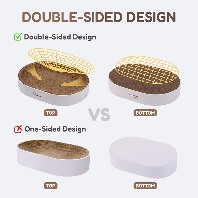 Extra Large Oval Cat Scratcher Lounge Bed - Heavy Duty Double-Sided Cardboard Scratching Pad, Modern White Cat Furniture & Sofa for Large Indoor Cats