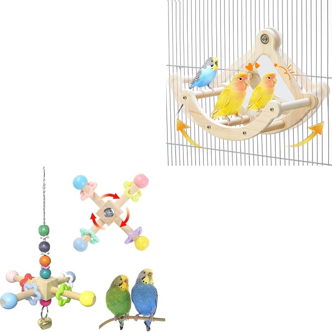 2pcs Natural Wood Bird Perch & Spinner Toys with Mirror & Bells, Interactive Chewing Hanging Bird Cage Accessories for Parakeet, Cockatiel, Conure, Budgie, Lovebird, Quaker