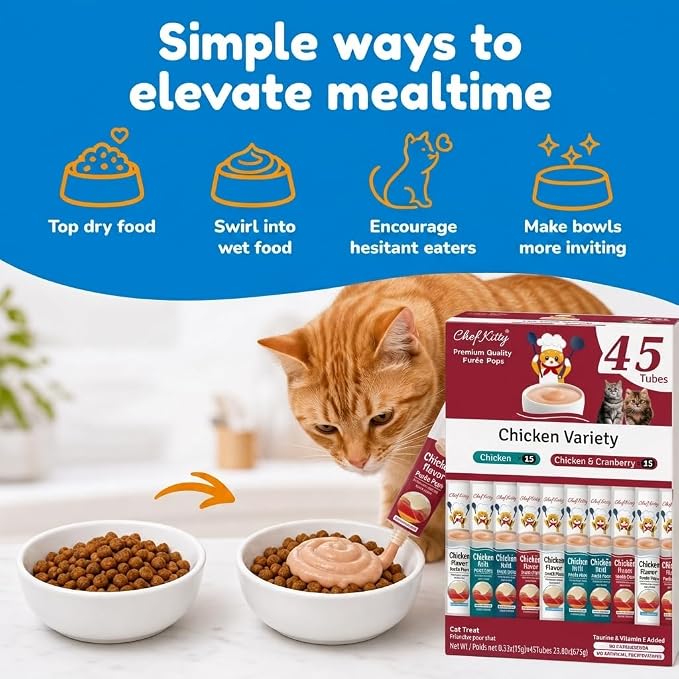 Purée Pops, Cat Treats, Grain-Free, Lickable, Squeezable Creamy Cat Treat/Topper with Vitamin E & Taurine, 0.5 Ounces Each Tube, 45 Tubes, Chicken Mix Variety