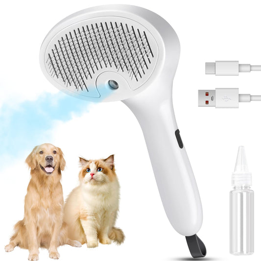 3 in 1 Cat Steam Brush for Cats & Dogs, Pet Spray Hair Removal Comb for Shedding & Grooming, Rechargeable Water Brush for Long & Short Haired Pets with Release Button(White)