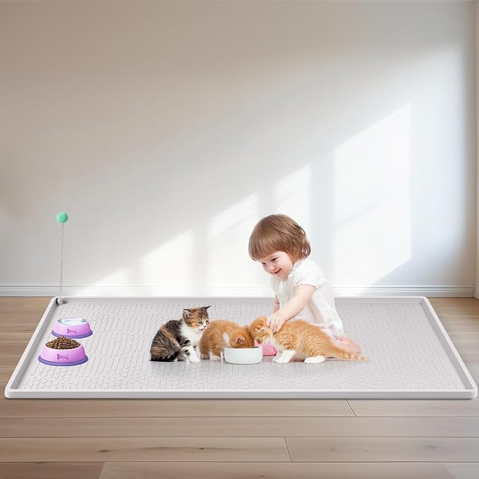 Cat Food Mat with Toy Ball, 38'' x 25'' Extra Large Silicone Pet Feeding Mat with Raised Edge Pet Placemat for Food and Water Bowl Non-Slip, Easy to Clean, Floor Protection (White)
