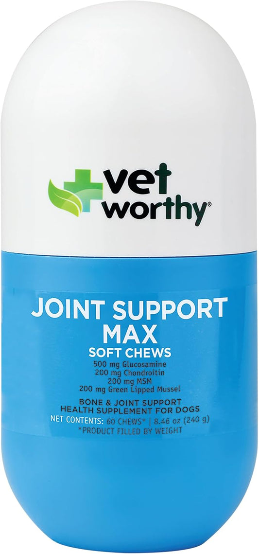 Vet Worthy Joint Support Max Soft Chews - Bone and Joint Supplement for Dogs - Rich in Glucosamine Chondroitin for Dogs & MSM - Formulated for Stiffness, Mobility, and Cartilage Protection – 60 Count