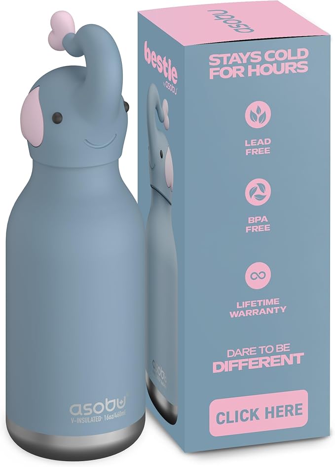 asobu Bestie Bottle Insulated Stainless Steel Water Bottle with Detachable Soft Animal Head Fun Drinking For Kids and Teens with Flexible Reusable Straw 16 Ounce (Elephant)