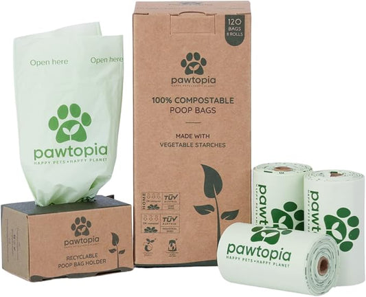 Pawtria Certified Home Compostable Dog Poop Bags (120) + Paper Dispenser, Poop Bags for Dogs, Cat Litter, Vegetable Starches, Dog Waste Bags, Leakproof, Easy to Open, Give Back