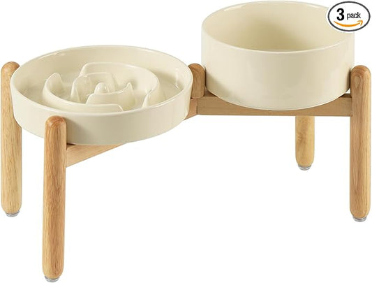Havniva 8.2” Raised Slow Feeder Dog Bowls Set, 1.6 Cups Ceramic Slow Feeder Dog Bowl and 7.3” Dog Water Bowl with Elevated Wooden Stand Puzzle Dog Food Bowl for Medium Dogs Anti-Gulping & Anti-Choking