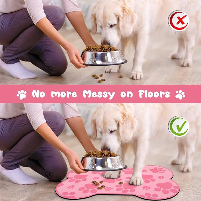 Dog Food Mats for Floors Waterproof, Pet Feeding Absorbent Water Bowl Mat Cat Placemats Pink Bone Shape 25.5 * 17 inch