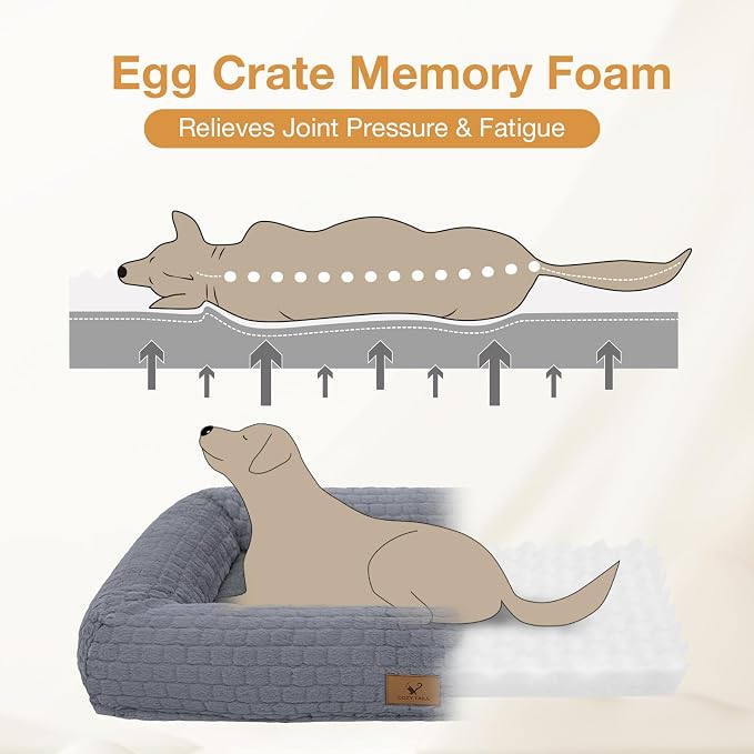 Plush Orthopedic Dog Bed for Medium Large Dogs, Memory Foam Bolster Sofa Bed with Removable Washable Cover, Waterproof Lining & Non-Slip Bottom (Grey-L)