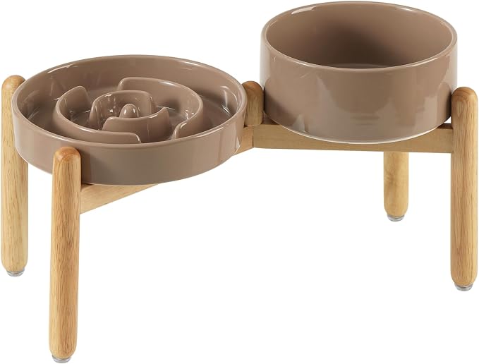 Havniva 8.2” Raised Slow Feeder Dog Bowls Set, 1.6 Cups Ceramic Slow Feeder Dog Bowl and 7.3” Dog Water Bowl with Elevated Wooden Stand Puzzle Dog Food Bowl for Medium Dogs Anti-Gulping & Anti-Choking