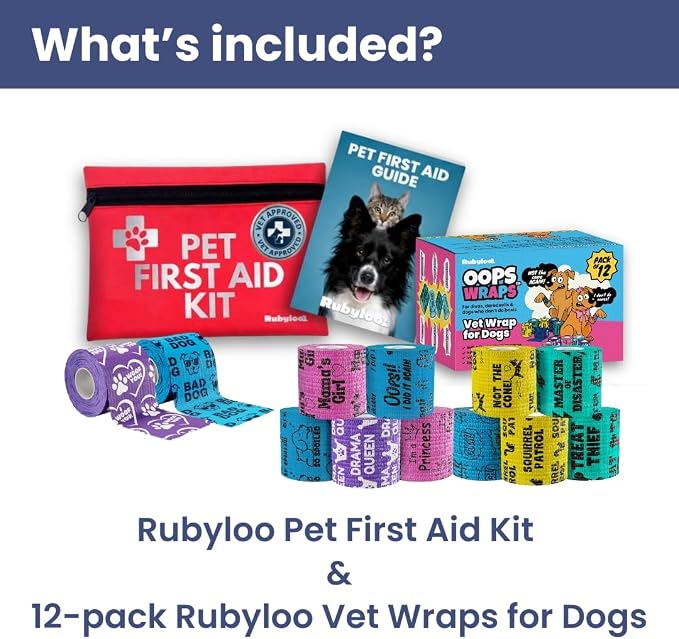 Rubyloo Vet Approved Travel Pet First Aid Kit Supplies to Treat Dogs & Cats in an Emergency with 12 Pack of 2 Funny Vet Wrap Bandages for Hiking, Camping & Backpacking