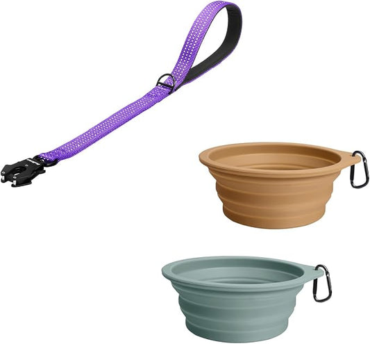 PetBonus Heavy Duty 24 Inch Short Dog Leash and 2-Pack Silicone Collapsible Dog Bowls