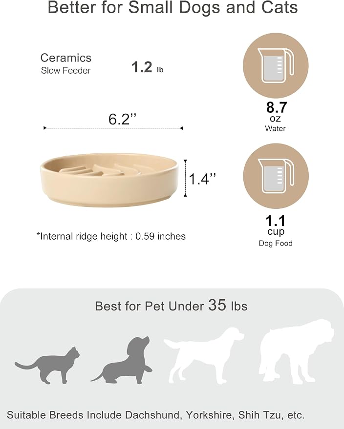 Ceramic Slow Feeder Dog Bowl, Maze Puzzle Non-Slip Silicone Base Stoneware Bowl for Small Medium Dogs, Heavy Duty Anti-Bloat Dog Food Bowl Dishwasher Safe – Apricot, Small