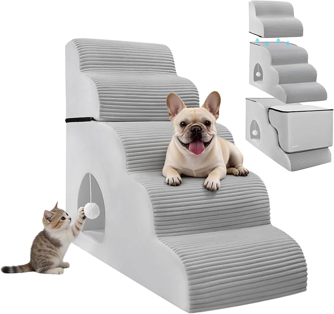 Dog Stairs for High Beds Up to 30" H with Tunnel,Extra Height 27.5" 5-Step Pet Steps for Small Dogs and Cats, Non-Slip Sturdy Dog Ramp with Anti-Tip Safety Strap and Removable Cover