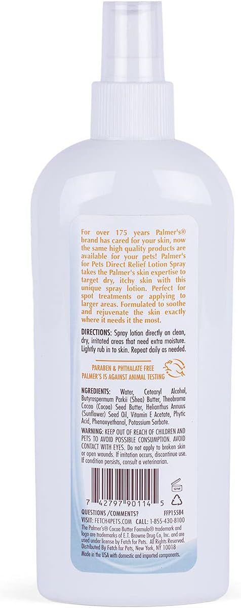 Palmer's for Pets Cocoa Butter Formula Dry Skin Relief Spray for Dogs, Direct Spray-On Lotion with Vitamin E to Soothe Dry and Itchy Skin, No-Mess Application, 8 Fl Oz (Pack of 2)