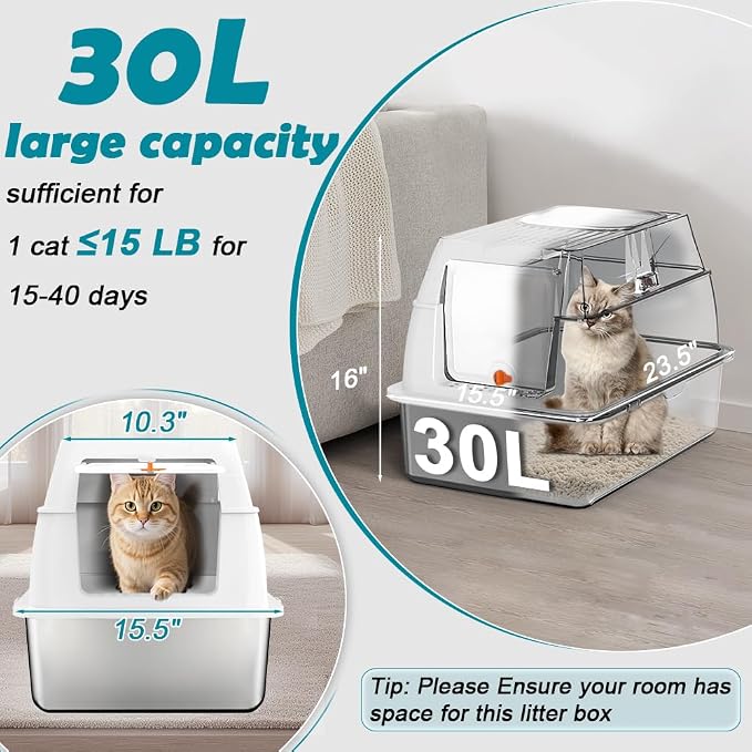 SZEE XL Stainless Steel Litter Box with Lid, Extra Large Metal Covered Litter Box, Stainless Box Easy Clean, Activated Charcoal Odor Control Design, Includes Litter Scoop & Mat & Step, White
