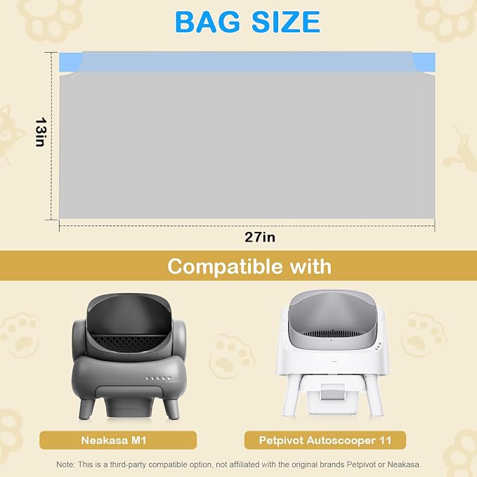 120 Count Cat Litter Box Bags Compatible with NeakM1 and Petpiv Autoscooper 11 Open-Top Self-Cleaning Cat Litter Boxes, Heavy Duty Leak-Proof Drawstring Cat Litter Bags, 27" x 13"