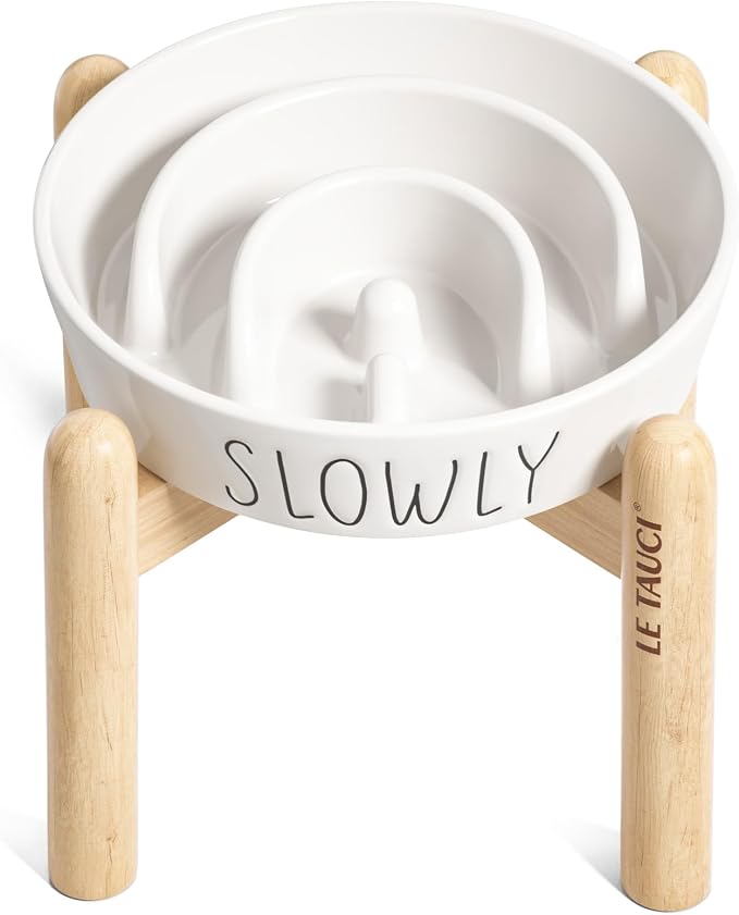 LE TAUCI PET Ceramic Slow Feeder Dog Bowls Elevated for Small and Medium Breed with Wooden Stand, 1.5 Cups Dog Dishes to Slow Down Eating, Anti-Gulping Pet Feeding Dishes,White