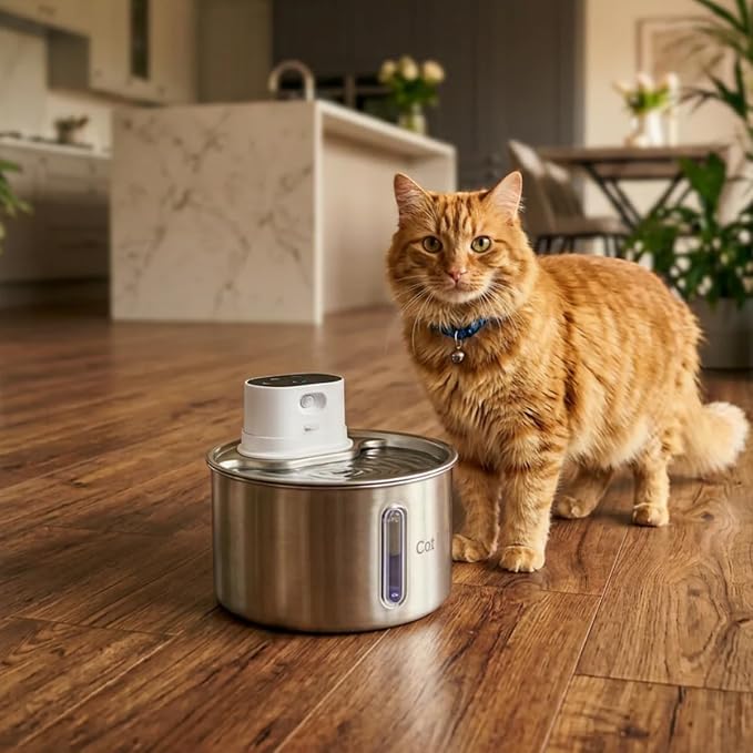 Cat Mate 2 Litre Stainless Steel Cat Water Fountain – Automatic Pet Water Dispenser for Cats, Filtered Drinking Fountain, Battery Operated