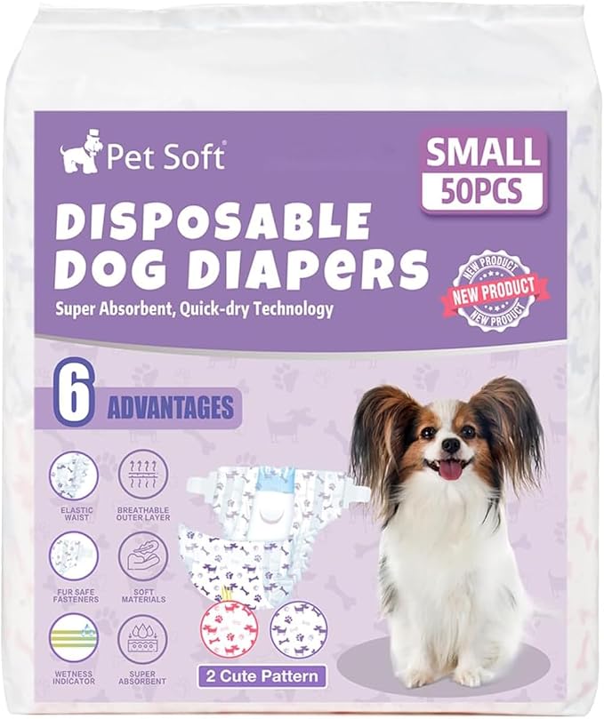 Pet Soft Female Dog Diapers - Disposable Doggie Diapers with Wetness Indicator, Puppy & Cat Diaper Super Absorbent, Fit for Female Dog in Heat or Incontinence, 50pcs (S, Mixed)