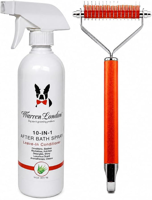 Warren London 10-in-1 Dog Spray & Rake Brush Combo | Detangles, Softens & Reduces Shedding | 16oz After Bath Spray + Dematting Rake
