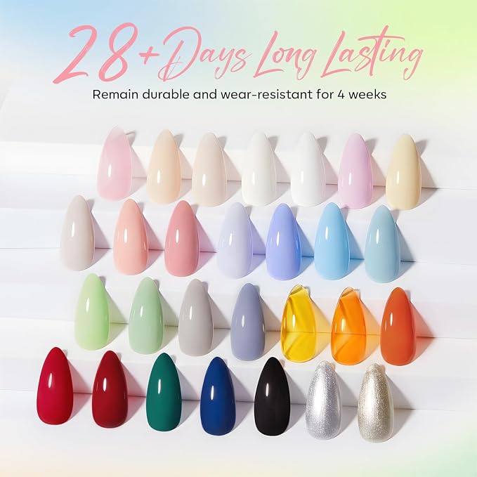 Modelones 32 PCS Gel Nail Polish Set, 28 Colors Summer Gel Polish with No Wipe Base Coat, Glitter & Glossy & Matte Top Coat Nude Pink Blue Purple Green Black Brown Gray LED Nail Art kit Salon DIY Gift