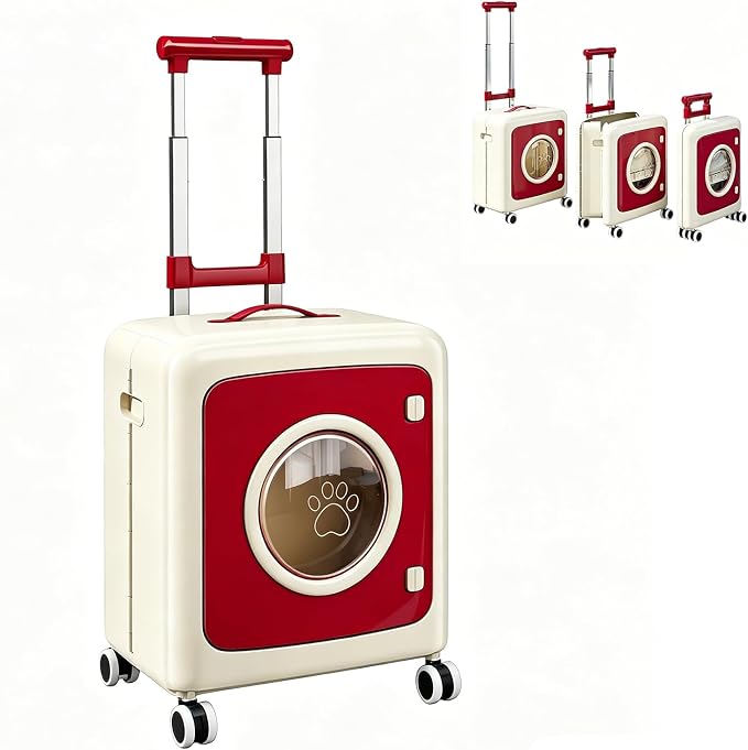 Pet Carrier with Wheels Breathable Cat Carrier 3-Level Adjustable Handle 360° Wheels Pet Travel Carrier for Cats & Small Dogs Detachable Multi-Use Cat Carrier for Outdoor, Travel (Beige Red)