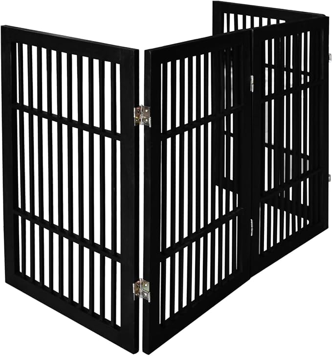 Urnporium Pet Dog Gate Freestanding, Strong Durable Folding Wooden Fence, Portable Acacia Hardwood Safety Barrier for Indoor & Outdoor Use (Black Pet Gate, 4 Panel 30" Tall)