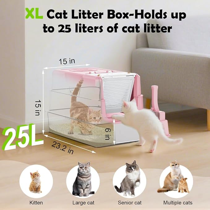 SZEE Stainless Steel Cat Litter Box with 180°Flip-Top Lid, Easy Clean XL Enclosed Litter Box, Large Covered Steel Cat Box with Scoop, Odor Control and Anti-Urine Leakage, 23.2 * 15 * 15 Inch, Pink