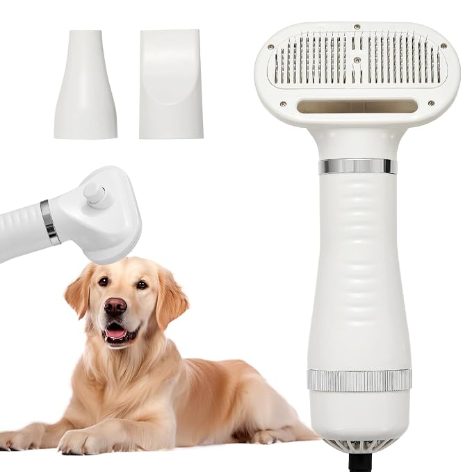 Professional Pet Grooming Dryer Brush – 3-in-1 Dog Blow Dryer with Slicker Brush, Adjustable Temp, Overheat Safe, Salon Quality