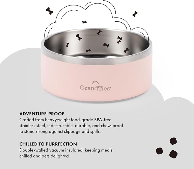 GrandTies Stainless Steel Engraved Pet Bowl | Reusable BPA-Free Insulated Pet Bowls | Large Heavy Duty Non Skid Spill Proof Dog Bowl | Outdoor Dog Water Bowl (18oz, Peach Crème)