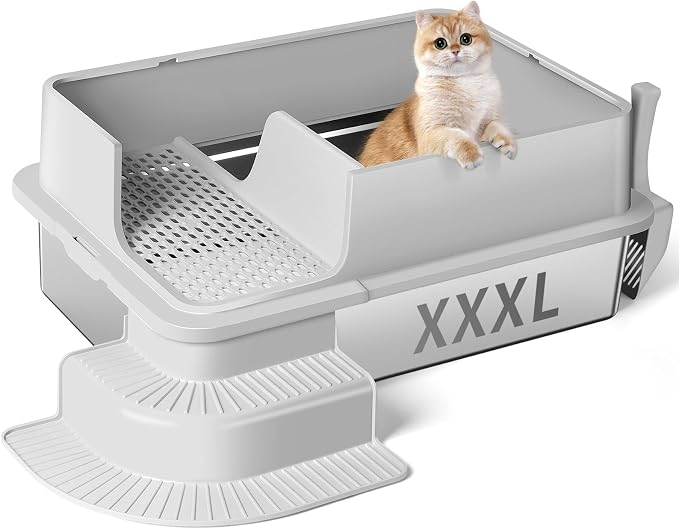 XXXL Stainless Steel Litter Box, 28"x20"x12" Extra Large Semi Enclosed High Sided Metal Cat Litter Box with Filtered Grid, Step, Scoop, Non-Sticky, Non-Odor, Easy Cleaning (Light Gray)