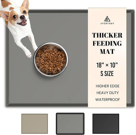 AVERYDAY 100% Waterproof Thicker Silicone Dog Food Mat, 0.63'' Raised Edge Bowl Mat for Food & Water, Non Slip Pet Feeding Placemat for Messy Drinkers, Perfect for Large Medium Small Breeds, 18"x10"