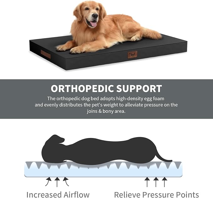 Outdoor Dog Bed for Medium Dogs, Waterproof Dog Crate Mat Orthopedic Egg Crate Foam Pet Bed with Washable Removable Oxford Cover, Black