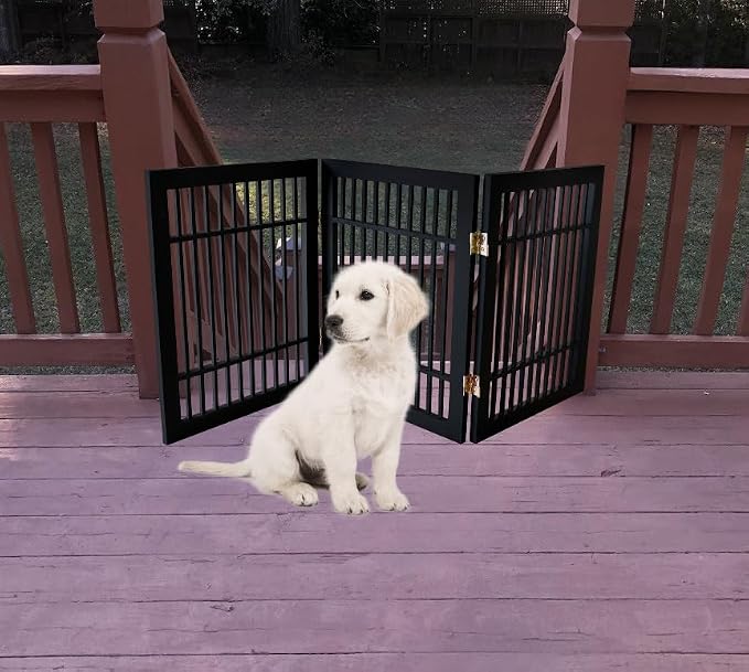 Urnporium Freestanding Wooden Dog Gate – Folding Acacia Hardwood Pet Barrier with 2-Way Hinges, Portable Indoor Outdoor Puppy Safety Fence for Doorways, Hallways (Black Pet Gate, 3 Panel 24" Tall)