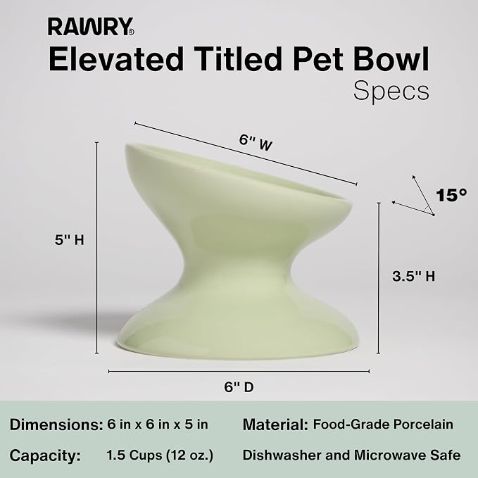 RAWRY Raised Ceramic Cat Bowl, Elevated Tilted Cat Bowl, Wide Shallow Cat Dish, Whisker Fatigue Cat Bowl, Dishwasher & Microwave Safe for Wet or Dry Food, Cats & Small Dogs, 12 oz (Seafoam)